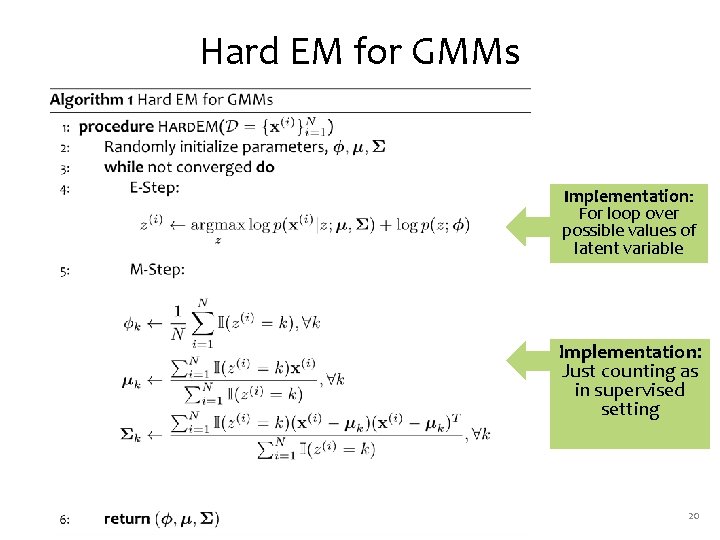 Hard EM for GMMs Implementation: For loop over possible values of latent variable Implementation: