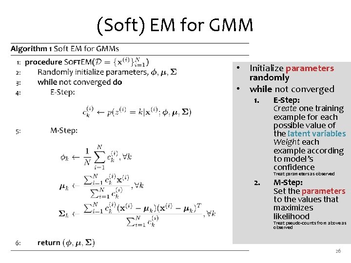 (Soft) EM for GMM • Initialize parameters randomly • while not converged 1. 2.