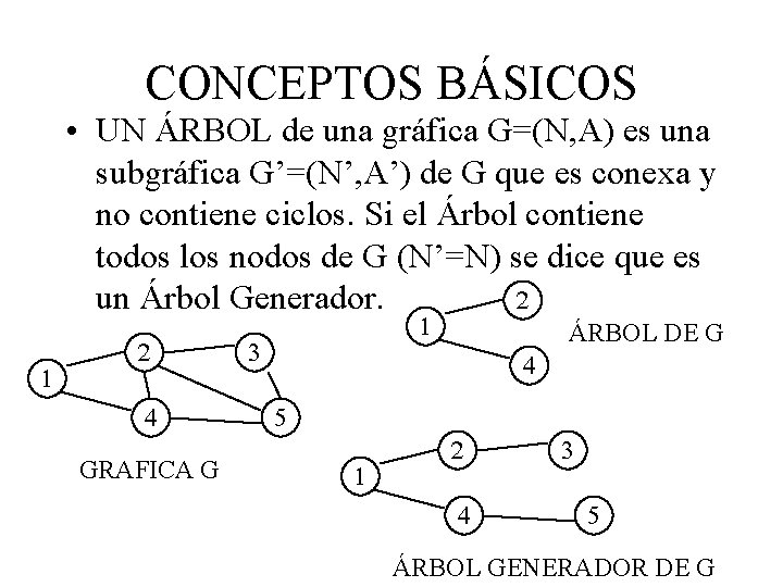CONCEPTOS BÁSICOS • UN ÁRBOL de una gráfica G=(N, A) es una subgráfica G’=(N’,
