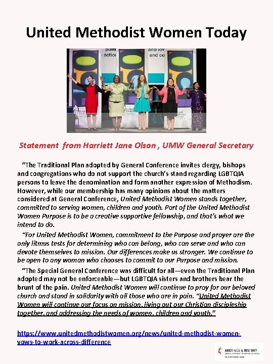 United Methodist Women Today Statement from Harriett Jane Olson , UMW General Secretary “The