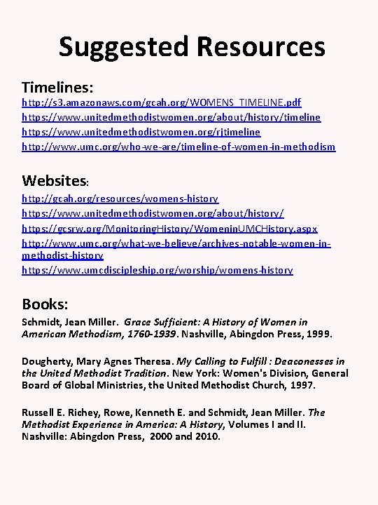 Suggested Resources Timelines: http: //s 3. amazonaws. com/gcah. org/WOMENS_TIMELINE. pdf https: //www. unitedmethodistwomen. org/about/history/timeline