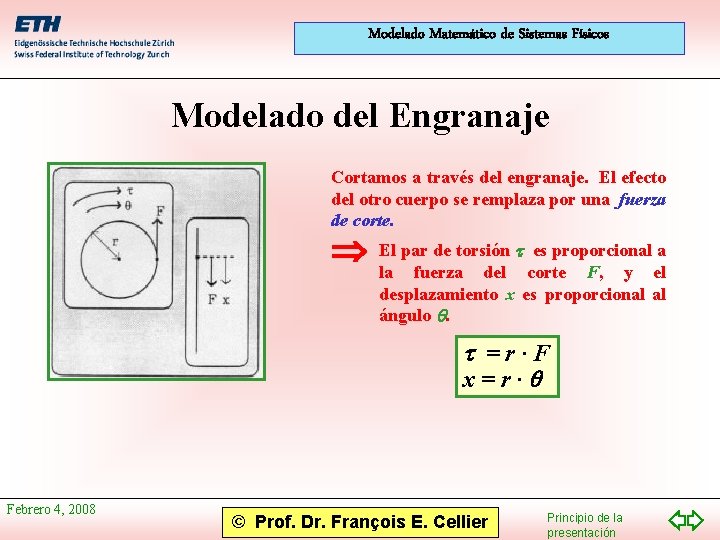 Modelado Matemático de Sistemas Físicos Modelado del Engranaje Cortamos a través del engranaje. El