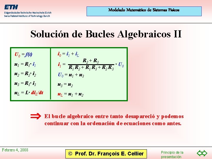 Modelado Matemático de Sistemas Físicos Solución de Bucles Algebraicos II U 0 = f(t)