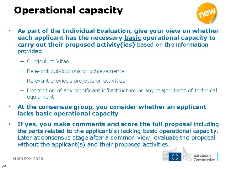 Operational capacity • As part of the Individual Evaluation, give your view on whether