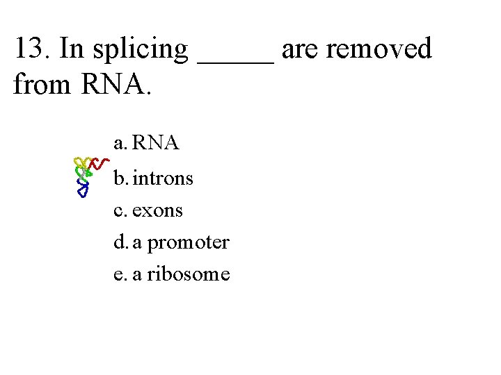 13. In splicing _____ are removed from RNA. a. RNA b. introns c. exons