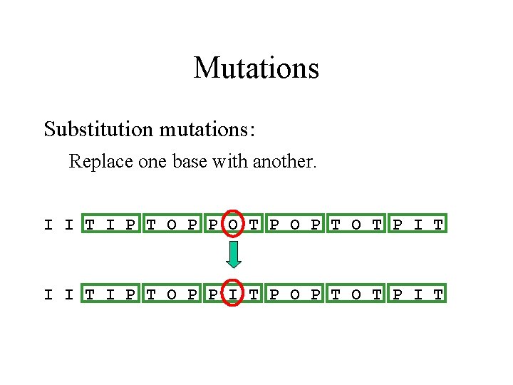 Mutations Substitution mutations: Replace one base with another. I I T I P T