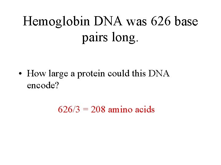 Hemoglobin DNA was 626 base pairs long. • How large a protein could this