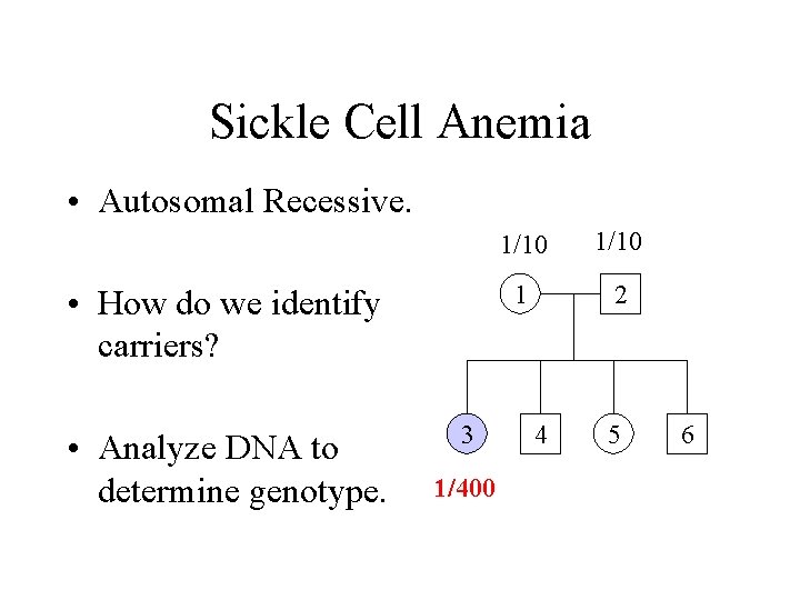 Sickle Cell Anemia • Autosomal Recessive. • How do we identify carriers? • Analyze