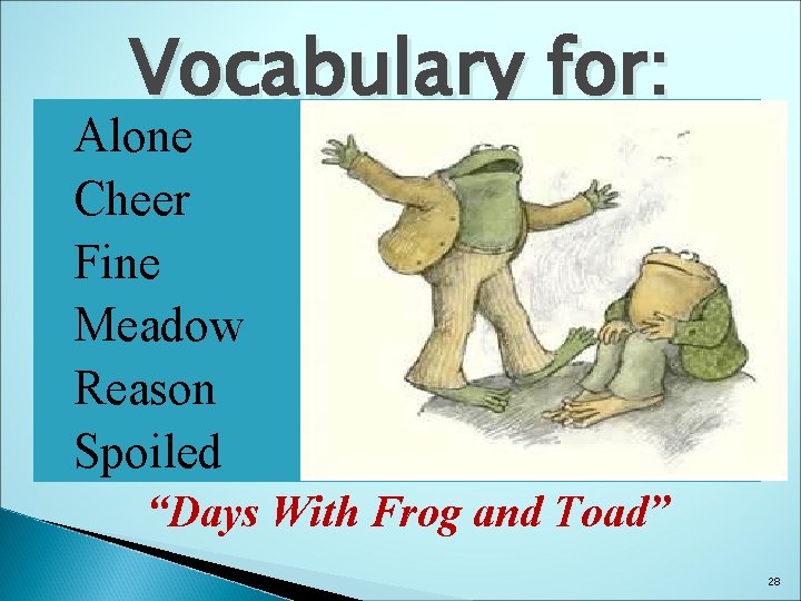 Vocabulary for: Alone Cheer Fine Meadow Reason Spoiled “Days With Frog and Toad” 28