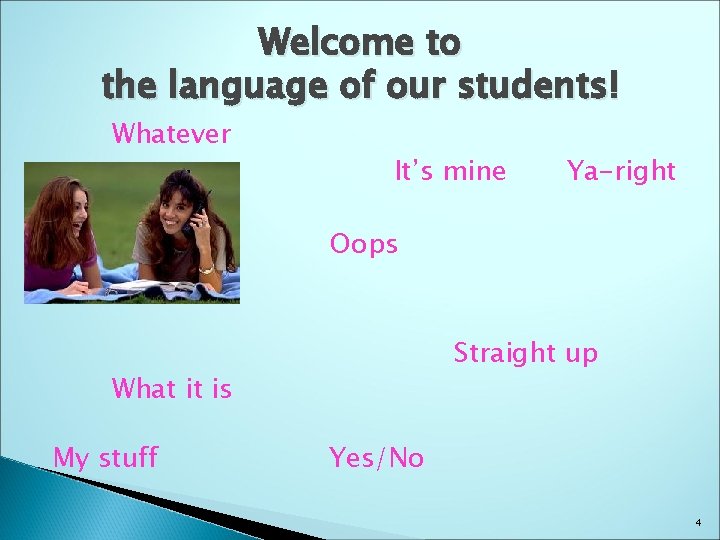 Welcome to the language of our students! Whatever Dawg It’s mine Oops Straight up