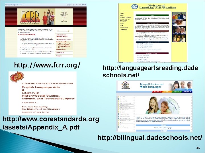 http: //www. fcrr. org/ http: //languageartsreading. dade schools. net/ http: //www. corestandards. org /assets/Appendix_A.