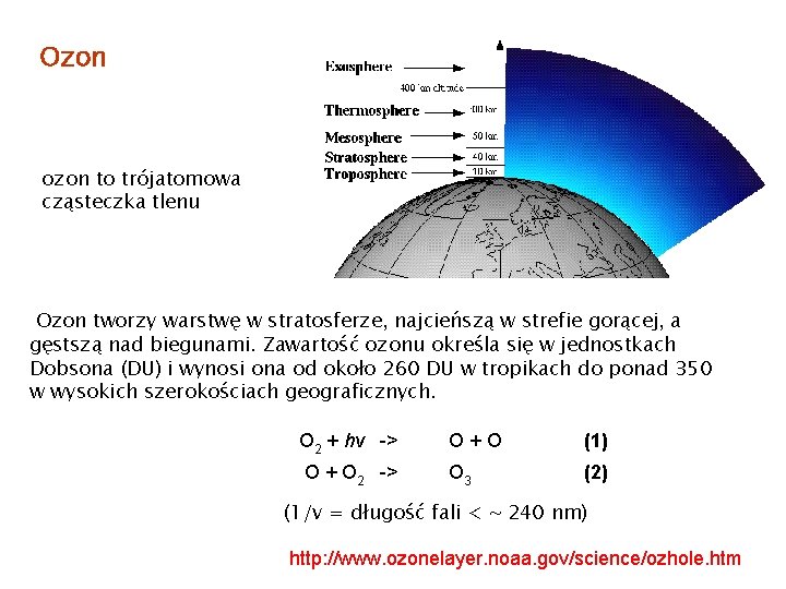 Ozon ozon to trójatomowa cząsteczka tlenu Ozon tworzy warstwę w stratosferze, najcieńszą w strefie