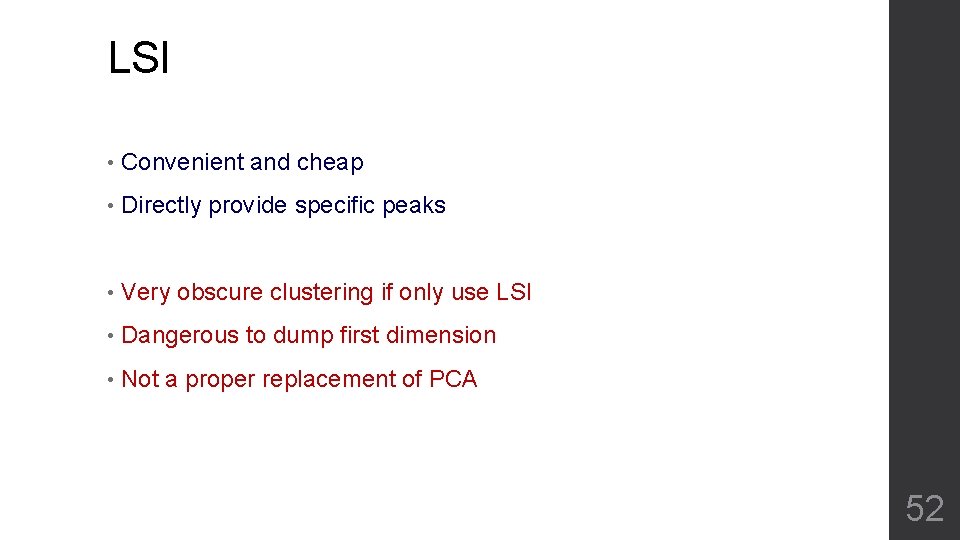 LSI • Convenient and cheap • Directly provide specific peaks • Very obscure clustering