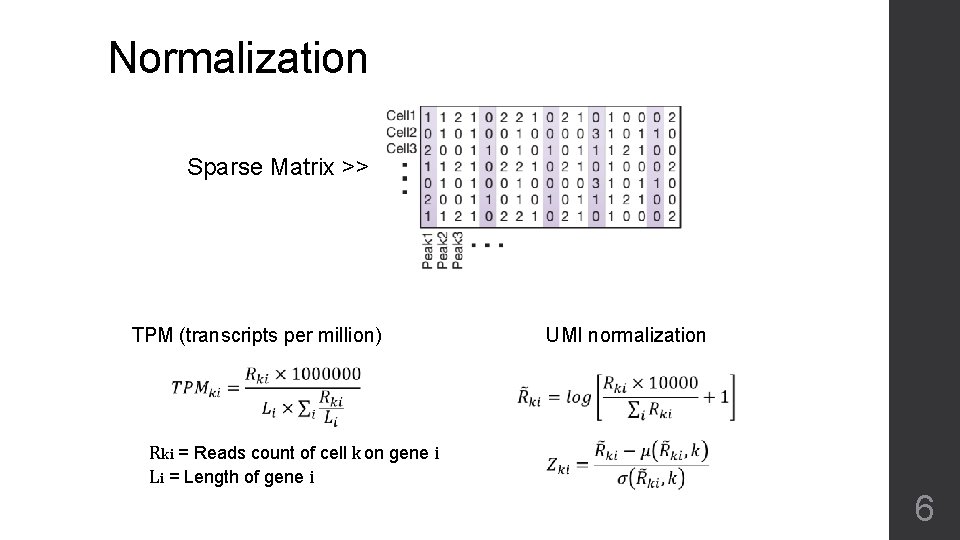 Normalization Sparse Matrix >> UMI normalization TPM (transcripts per million) Rki = Reads count