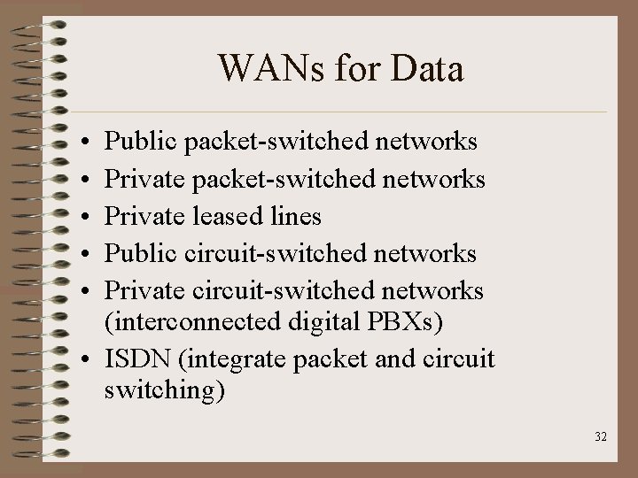 WANs for Data • • • Public packet-switched networks Private leased lines Public circuit-switched