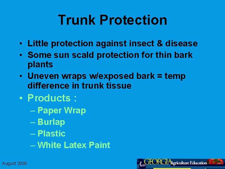 Trunk Protection • Little protection against insect & disease • Some sun scald protection