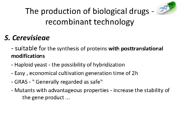 The production of biological drugs - recombinant technology S. Cerevisieae - suitable for the