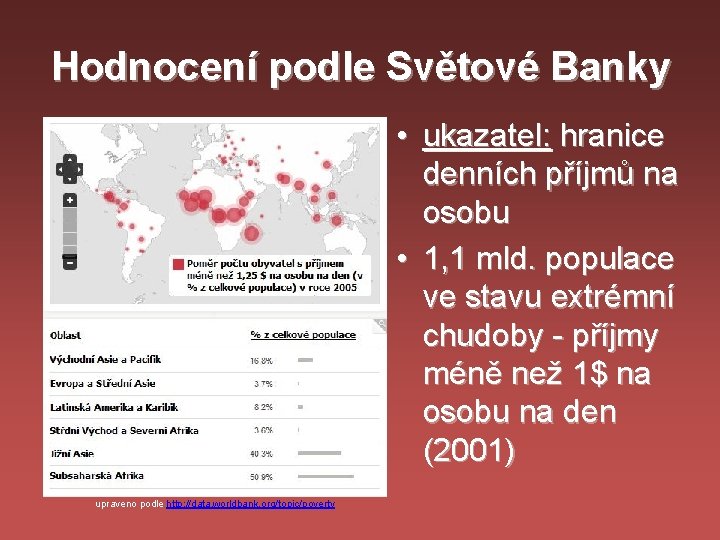 Hodnocení podle Světové Banky • ukazatel: hranice denních příjmů na osobu • 1, 1