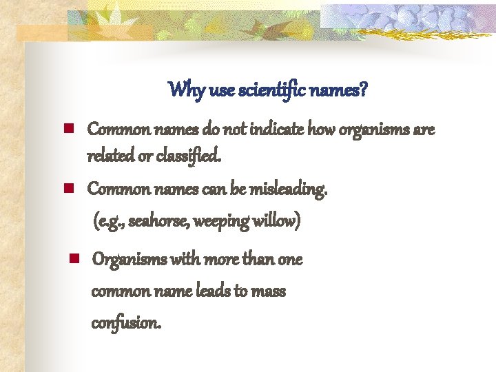 Why use scientific names? n Common names do not indicate how organisms are related