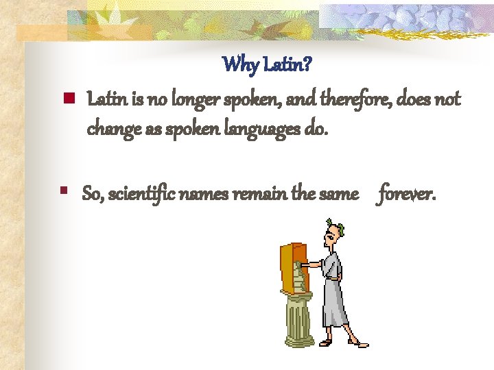 n Why Latin? Latin is no longer spoken, and therefore, does not change as