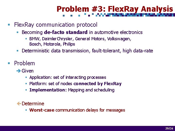 Problem #3: Flex. Ray Analysis § Flex. Ray communication protocol § Becoming de-facto standard