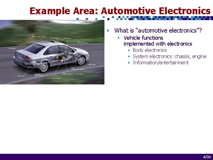 Example Area: Automotive Electronics § What is “automotive electronics”? § Vehicle functions implemented with