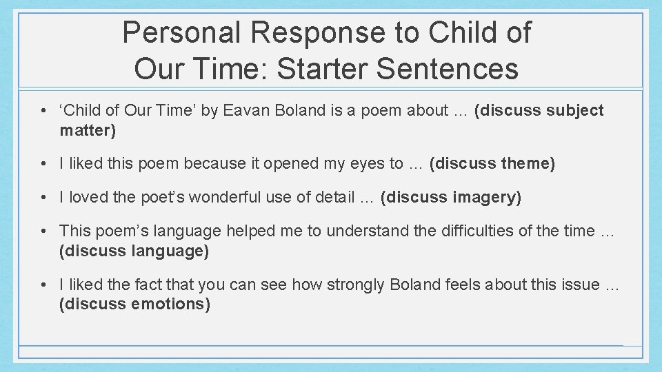 Personal Response to Child of Our Time: Starter Sentences • ‘Child of Our Time’