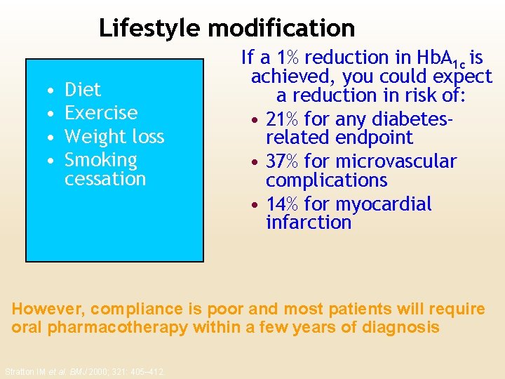 Lifestyle modification • • Diet Exercise Weight loss Smoking cessation If a 1% reduction