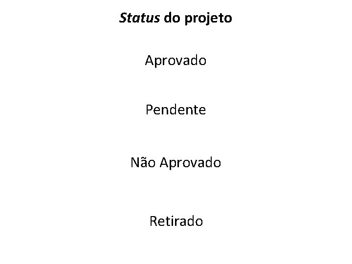 Status do projeto Aprovado Pendente Não Aprovado Retirado 