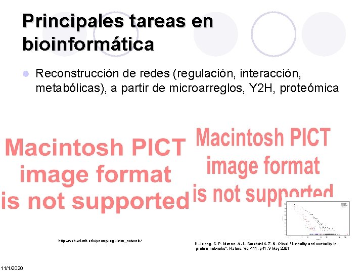 Principales tareas en bioinformática l Reconstrucción de redes (regulación, interacción, metabólicas), a partir de