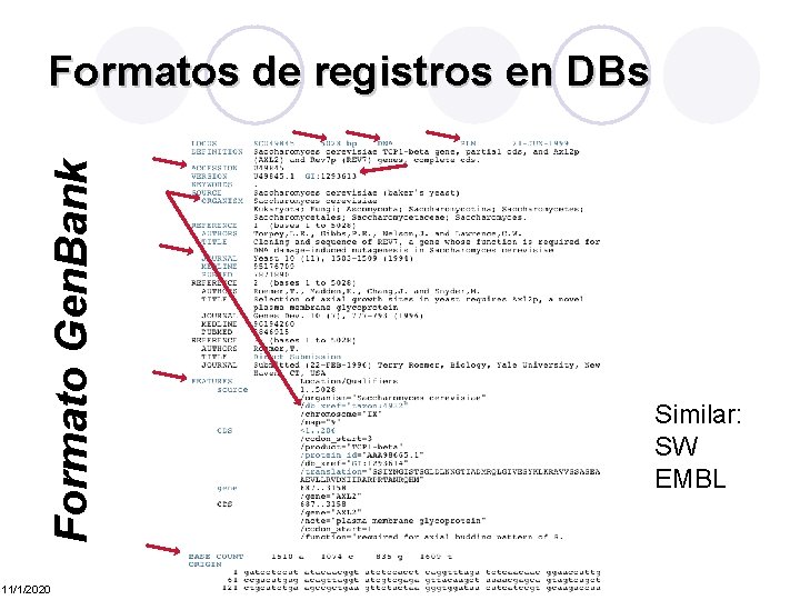 Formato Gen. Bank Formatos de registros en DBs 11/1/2020 Similar: SW EMBL 