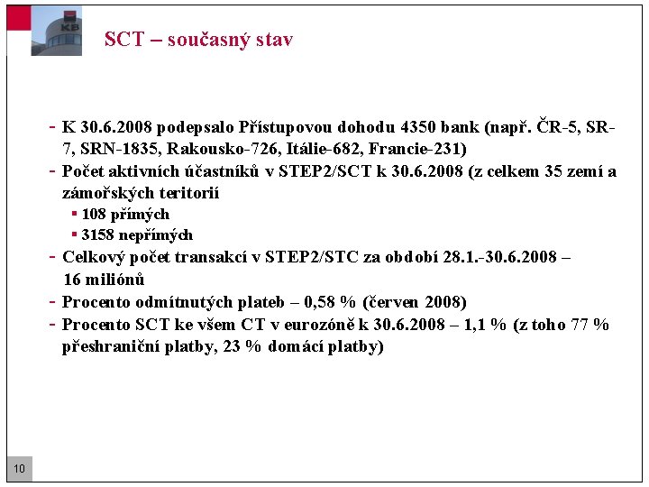 SCT – současný stav - K 30. 6. 2008 podepsalo Přístupovou dohodu 4350 bank