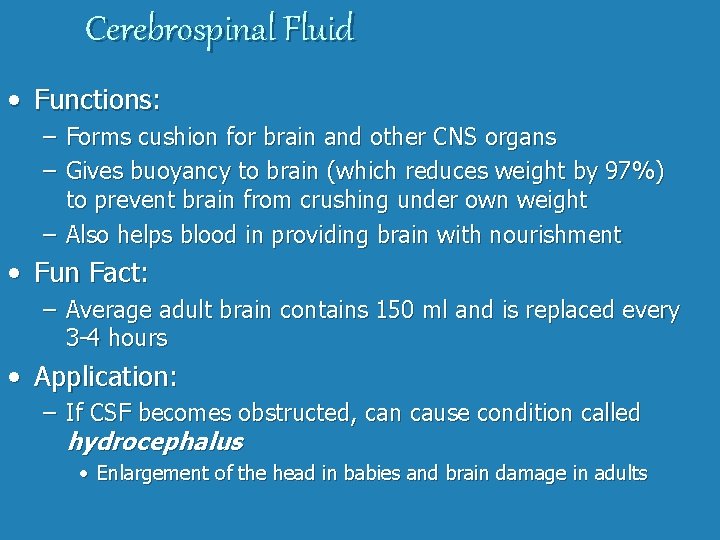 Cerebrospinal Fluid • Functions: – Forms cushion for brain and other CNS organs –