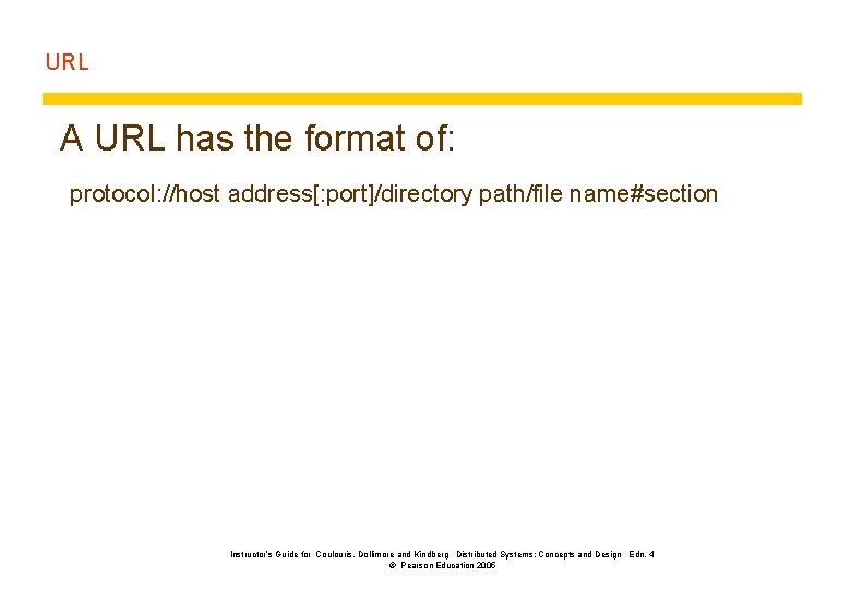 URL A URL has the format of: protocol: //host address[: port]/directory path/file name#section Instructor’s