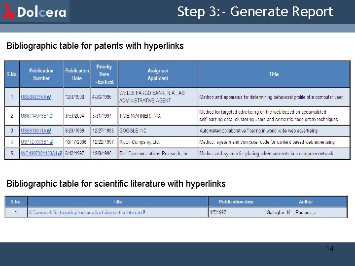 Step 3: - Generate Report Bibliographic table for patents with hyperlinks Bibliographic table for