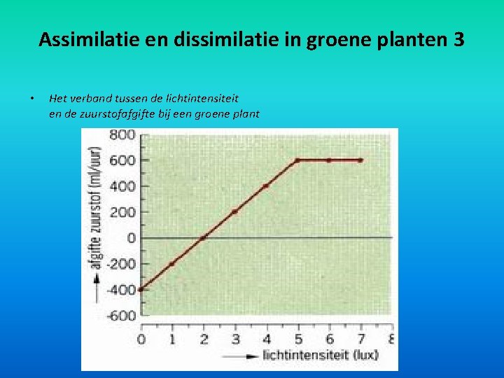 Assimilatie en dissimilatie in groene planten 3 • Het verband tussen de lichtintensiteit en