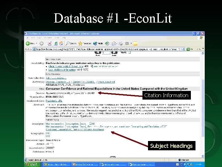 Database #1 -Econ. Lit Citation Information Subject Headings 