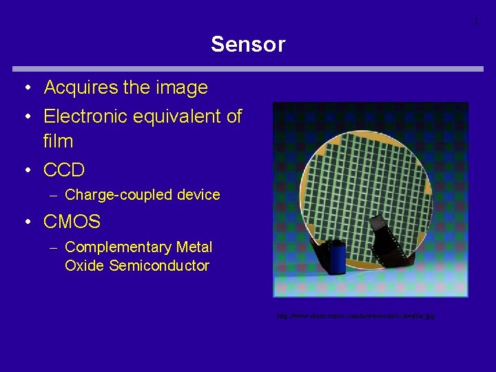 1 Sensor • Acquires the image • Electronic equivalent of film • CCD –