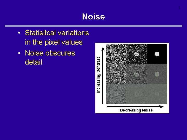 1 Noise • Statisitcal variations in the pixel values • Noise obscures detail 