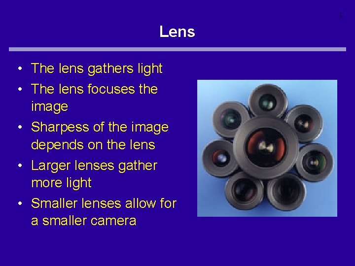 1 Lens • The lens gathers light • The lens focuses the image •