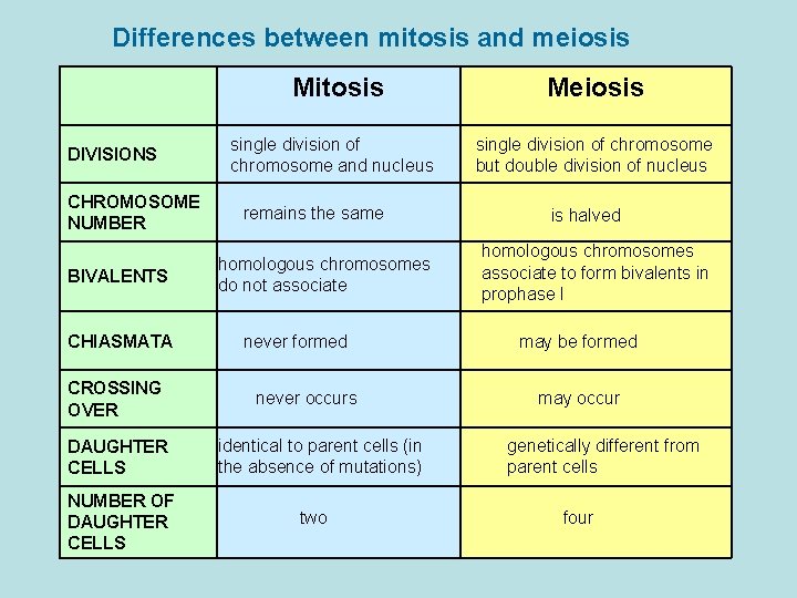 Differences between mitosis and meiosis Mitosis DIVISIONS CHROMOSOME NUMBER BIVALENTS CHIASMATA CROSSING OVER DAUGHTER