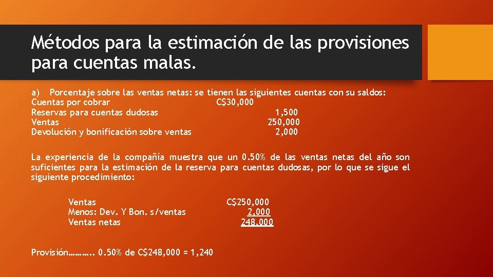 Métodos para la estimación de las provisiones para cuentas malas. a) Porcentaje sobre las