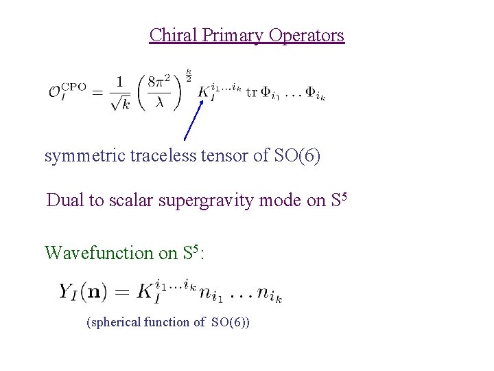Chiral Primary Operators symmetric traceless tensor of SO(6) Dual to scalar supergravity mode on