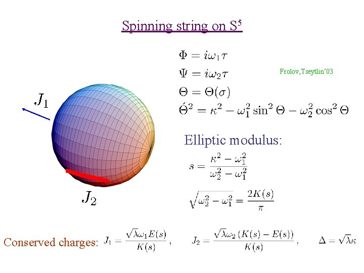 Spinning string on S 5 Frolov, Tseytlin’ 03 Elliptic modulus: Conserved charges: 