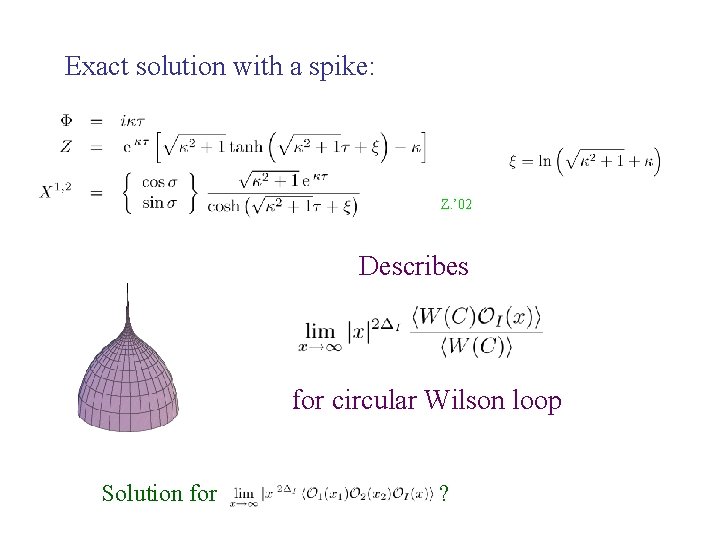 Exact solution with a spike: Z. ’ 02 Describes for circular Wilson loop Solution