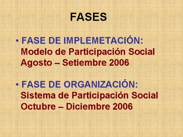 FASES • FASE DE IMPLEMETACIÓN: Modelo de Participación Social Agosto – Setiembre 2006 •