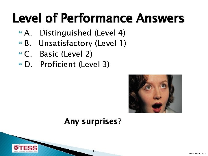 Level of Performance Answers } } A. B. C. D. Distinguished (Level 4) Unsatisfactory