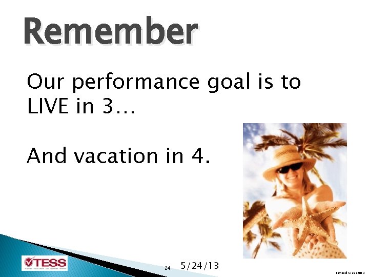 Remember Our performance goal is to LIVE in 3… And vacation in 4. 24