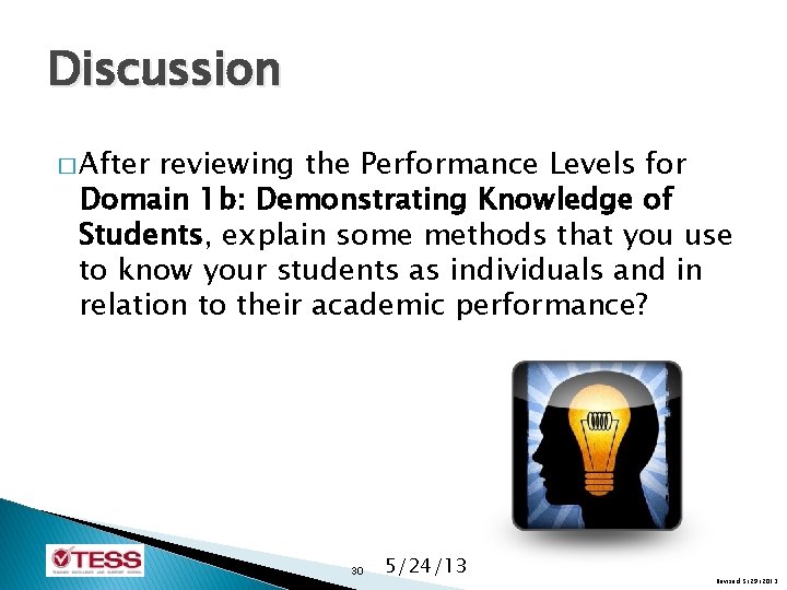 Discussion � After reviewing the Performance Levels for Domain 1 b: Demonstrating Knowledge of