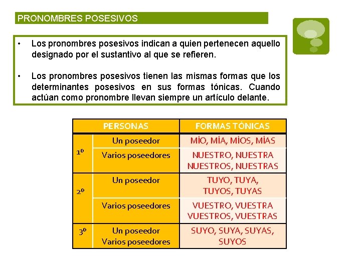 PRONOMBRES POSESIVOS • Los pronombres posesivos indican a quien pertenecen aquello designado por el